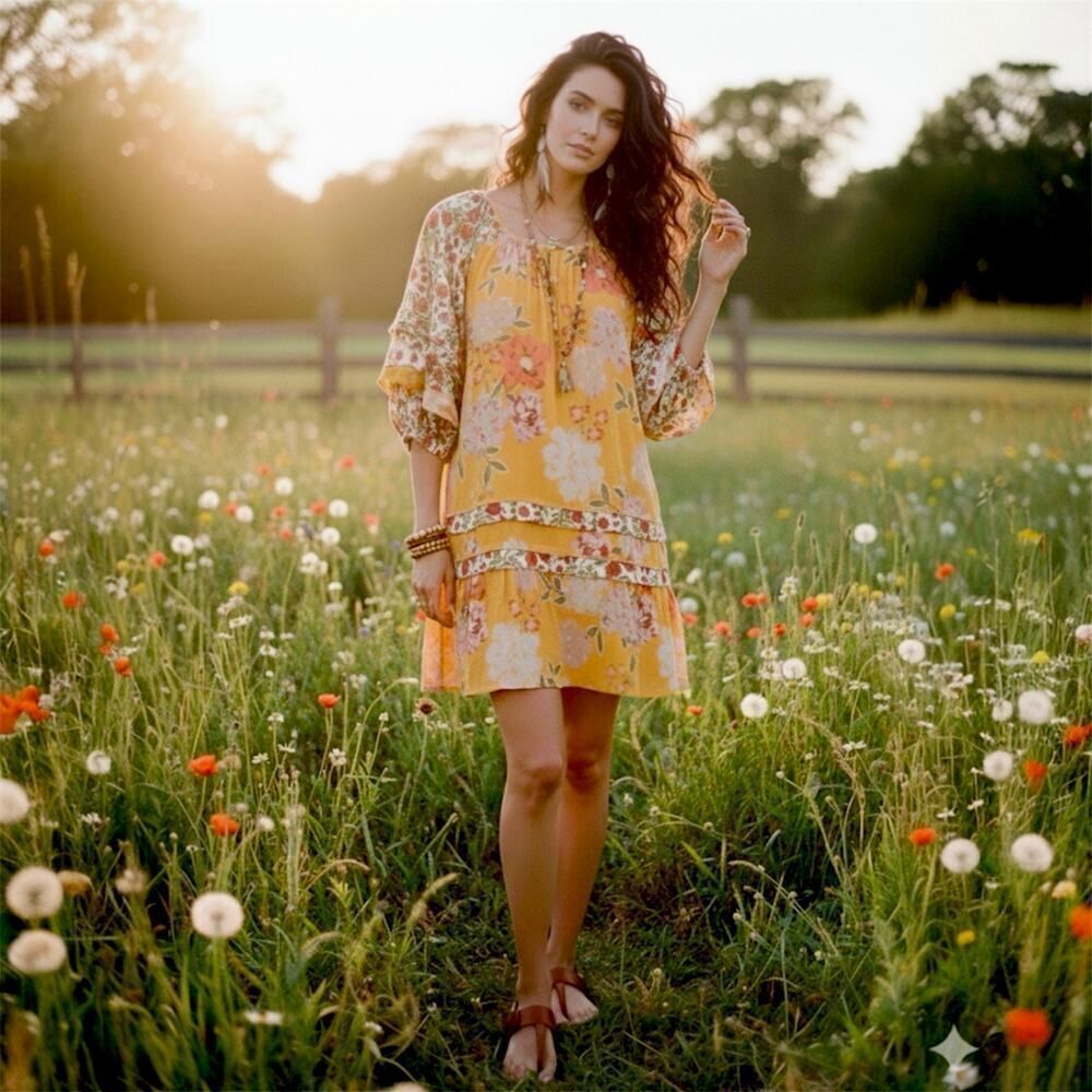 Roller Rabbit Mini Dress Shift Puff Sleeve Floral BOHO Hippie Cottagecore Small